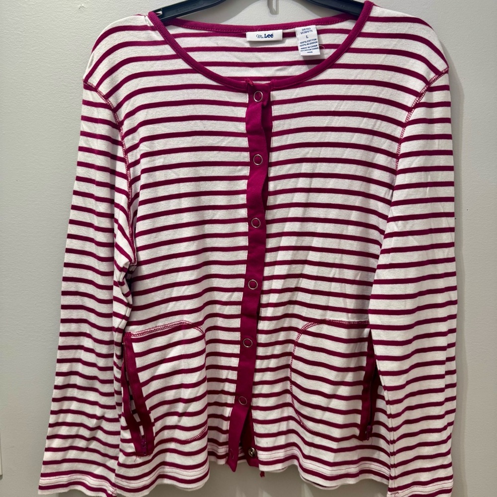 Ms. Lee Dark Pink and White Striped Cardigan, Pockets, Women's Size L